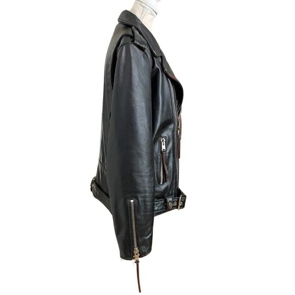 MASTER SUPPLY MEN'S BLACK HANDMADE LEATHER RED STITCHING ZIP UP MOTO JACKET - M - Picture 2 of 13